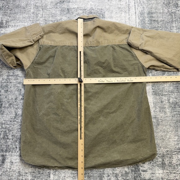 Vintage TAG Safari Shirt Mens Large Olive Khaki Colorblock Faded Travel Guide - Picture 10 of 11